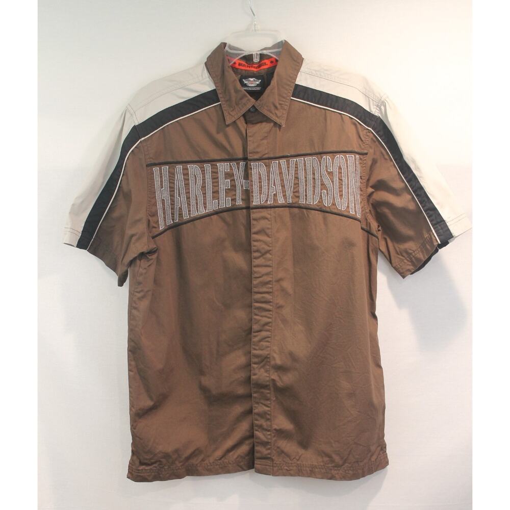 Harley-Davidson Shirt Mens size M Brown Embroidered Snap Up Biker Mechanic Y2K